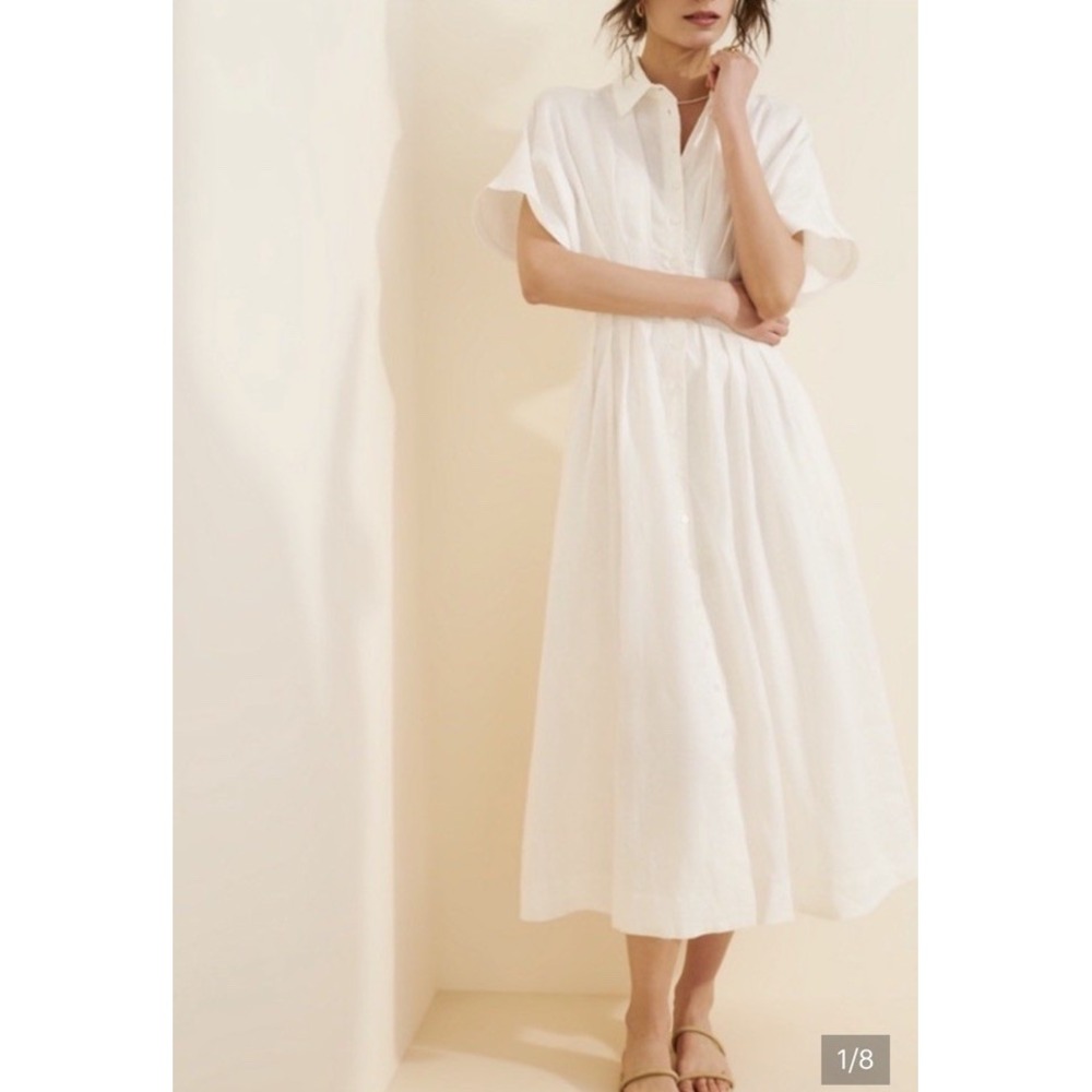 Anthropologie Exquise 100% Linen Tobie Pleated Shirt Midi Dress Ivory Plus 1X